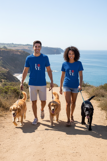 Friends walking dogs on a coastal path wearing the Love Dogs blue t-shirt